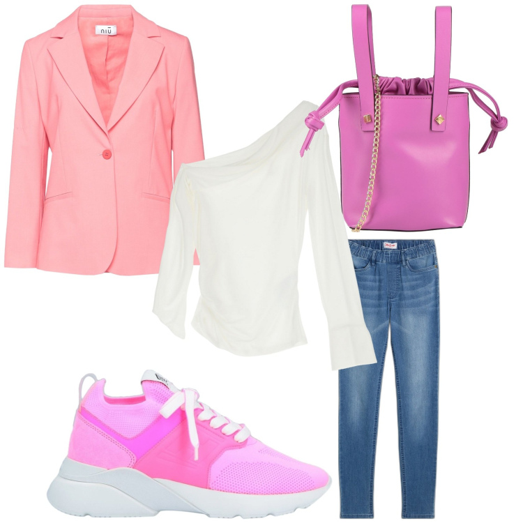 Outfit donna - Total look #2068847. Stile Bon Ton per Tutti i giorni. Abbinamento con jeggings, borse a secchiello, blazer, sneakers, maglieria.