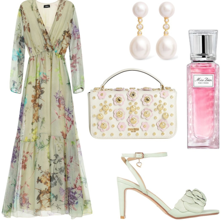 Outfit donna - Come un quadro di Botticelli. Stile Romantica per Cerimonia. Abbinamento con borse a mano, sandali col tacco, profumi, vestiti lunghi, orecchini.