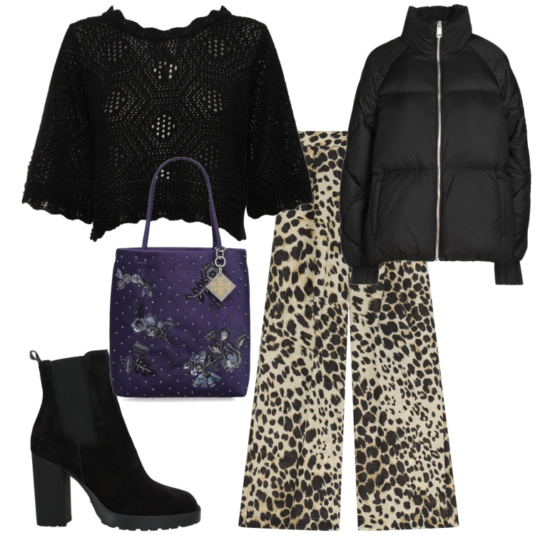Outfit donna - Fiori e maculato per il ristorante. Stile Urban per Serata fuori. Abbinamento con piumini, stivaletti, pantaloni a palazzo, top, borse a mano.