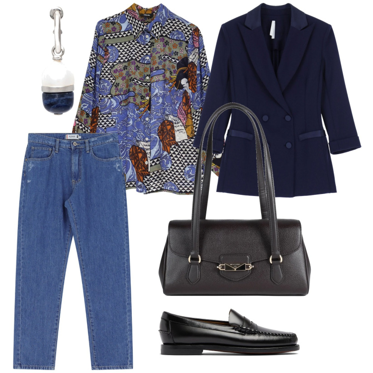 Outfit donna - In ufficio. per Ufficio. Abbinamento con borse a mano, orecchini, jeans dritti, blazer, camicie, mocassini.