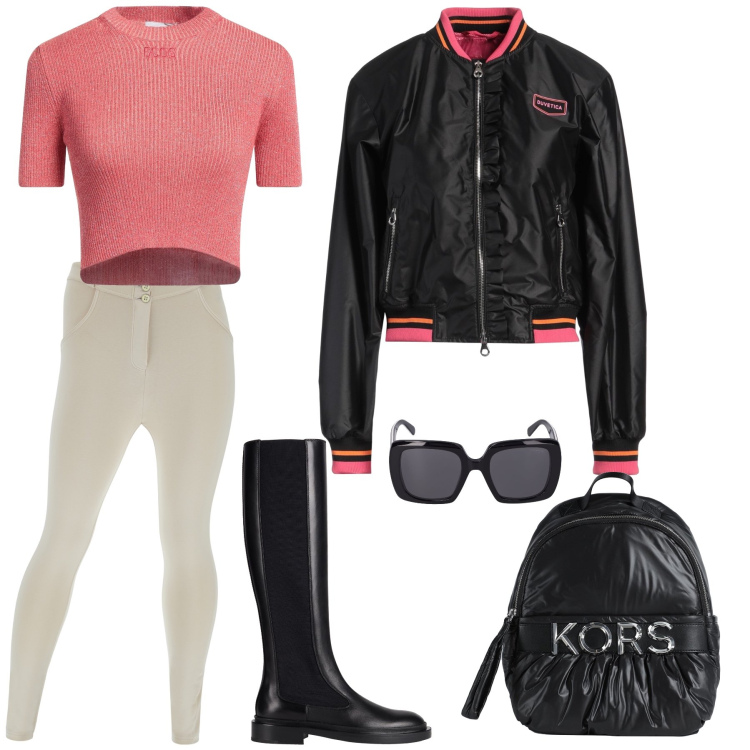 Outfit donna - Al maneggio. Stile Sporty chic per Tutti i giorni. Abbinamento con zaini, stivali, blazer, pullovers, pantaloni skinny, occhiali da sole.