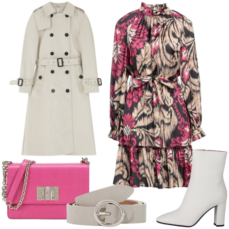 Outfit donna - Fuori a cena. Stile Glamour per Serata fuori. Abbinamento con stivaletti, vestiti corti, borse a tracolla, trench, cinture.