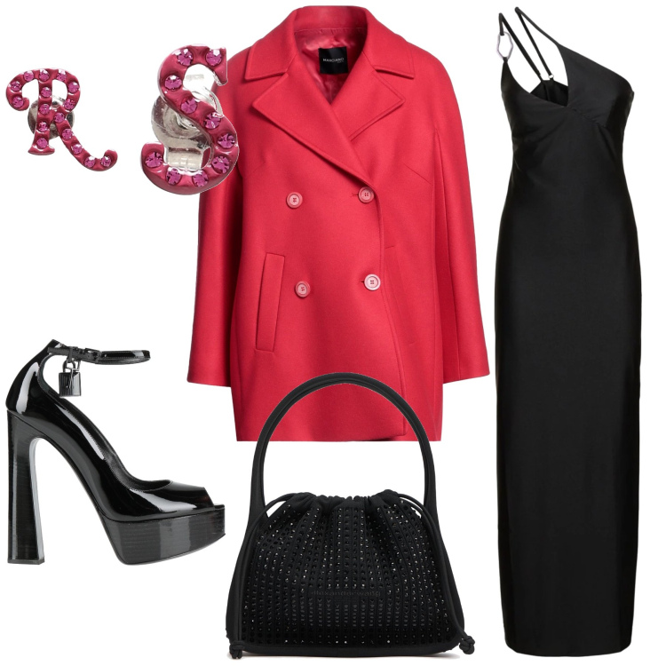 Outfit donna - Giacca rossa per la sera. Stile Glamour per Serata fuori. Abbinamento con caban, orecchini, décolleté, vestiti asimmetrici, borse a mano.