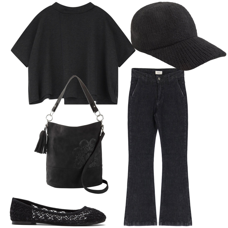 Outfit donna - Nero primaverile. Stile Sporty chic per Tutti i giorni. Abbinamento con ballerine, borse a mano, cappelli, maglieria, jeans.