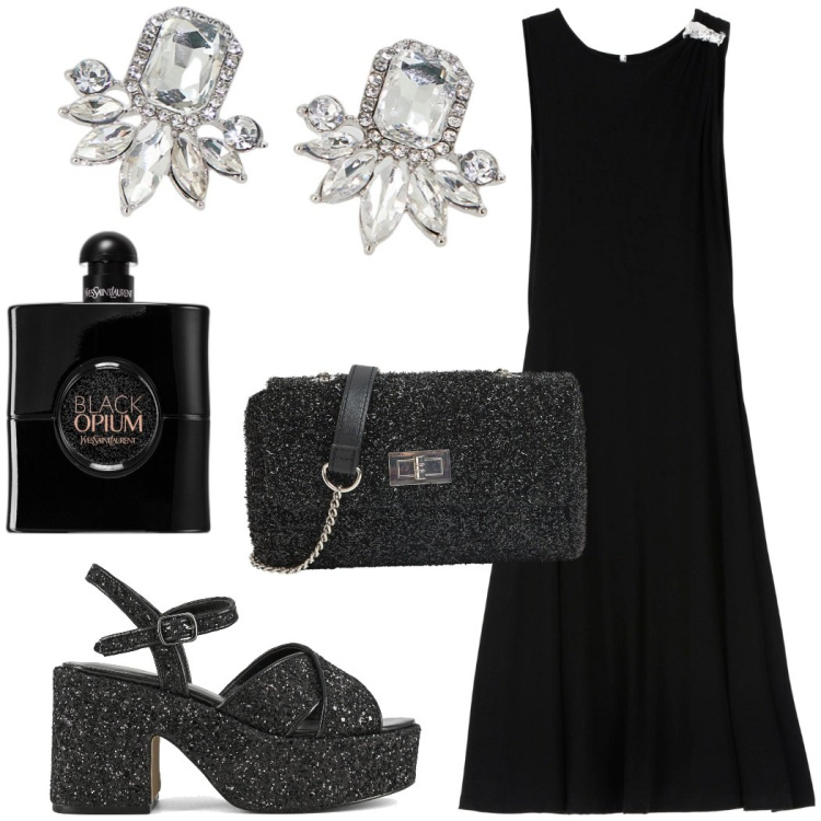 Outfit donna - Total black. Stile Glamour per Serata fuori. Abbinamento con profumi, borse a tracolla, vestiti asimmetrici, orecchini, sandali.