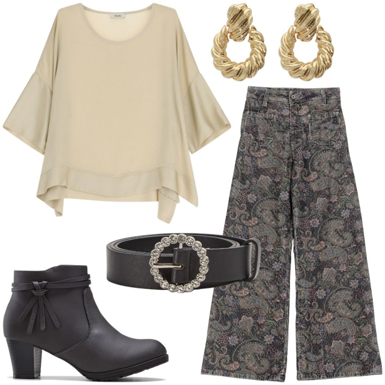 Outfit donna - I pantaloni fantasia cachemire. Stile Boho per Serata fuori. Abbinamento con stivaletti, cinture, pantaloni, orecchini, bluse.