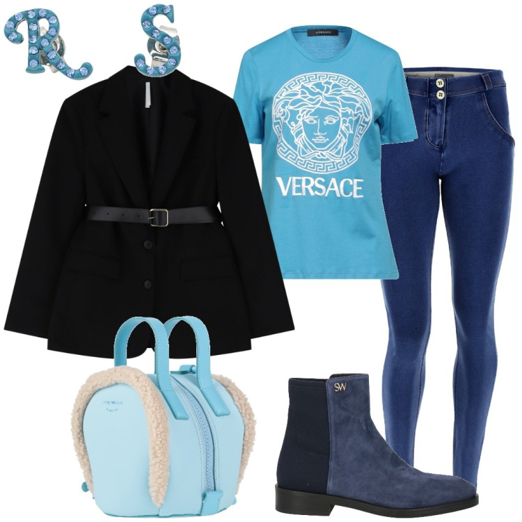 Outfit donna - In centro con le amiche. Stile Urban per Tutti i giorni. Abbinamento con zaini, orecchini, stivaletti, t-shirt, blazer, jeggings.