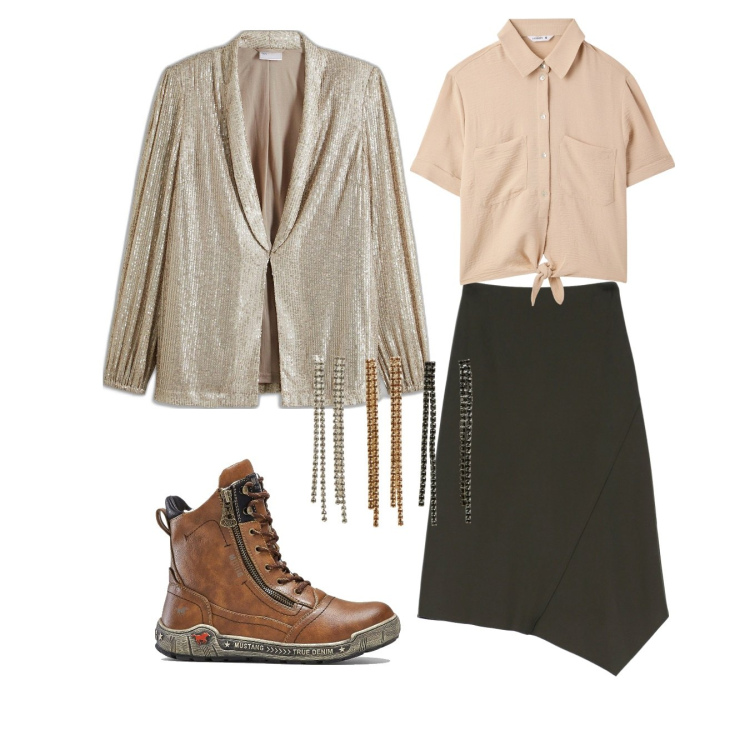 Outfit donna - Terra. Stile Casual chic per Tutti i giorni. Abbinamento con blazer, stivaletti, camicie a manica corta, orecchini, gonne.