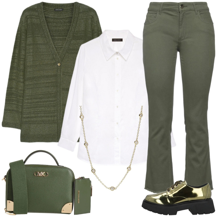 Outfit donna - Verde oliva. Stile Casual per Tutti i giorni. Abbinamento con pantaloni, scarpe stringate, borse a tracolla, collane, camicie, cardigans.