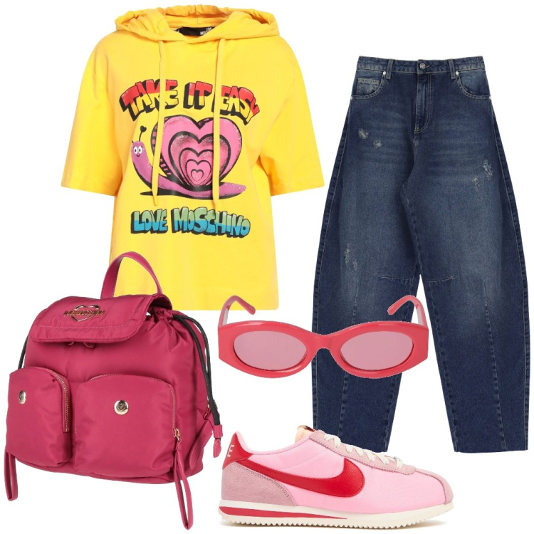 Outfit donna - A lezione. Stile Casual per Scuola/Università. Abbinamento con zaini, felpe con cappuccio, jeans, occhiali da sole, sneakers.