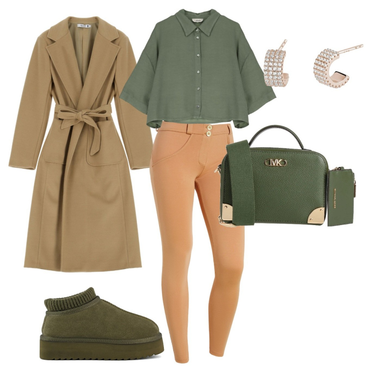 Outfit donna - Terra 2. Stile Casual chic per Tutti i giorni. Abbinamento con borse a tracolla, orecchini, cappotti, pantaloni skinny, camicie, sabot.