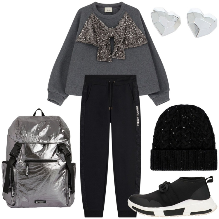 Outfit donna - Sporty chic. Stile Sporty chic per Tutti i giorni. Abbinamento con sneakers, pantaloni, zaini, felpe, orecchini, cappelli.
