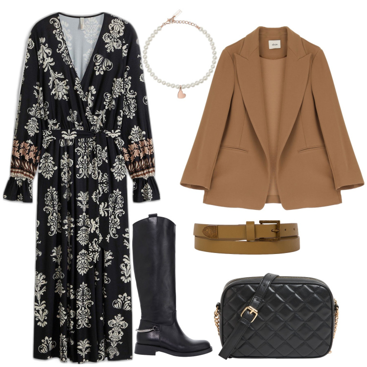 Outfit donna - Stasera a cinema. Stile Glamour per Serata fuori. Abbinamento con vestiti midi/longuette, borse a tracolla, braccialetti, stivali, blazer, cinture.