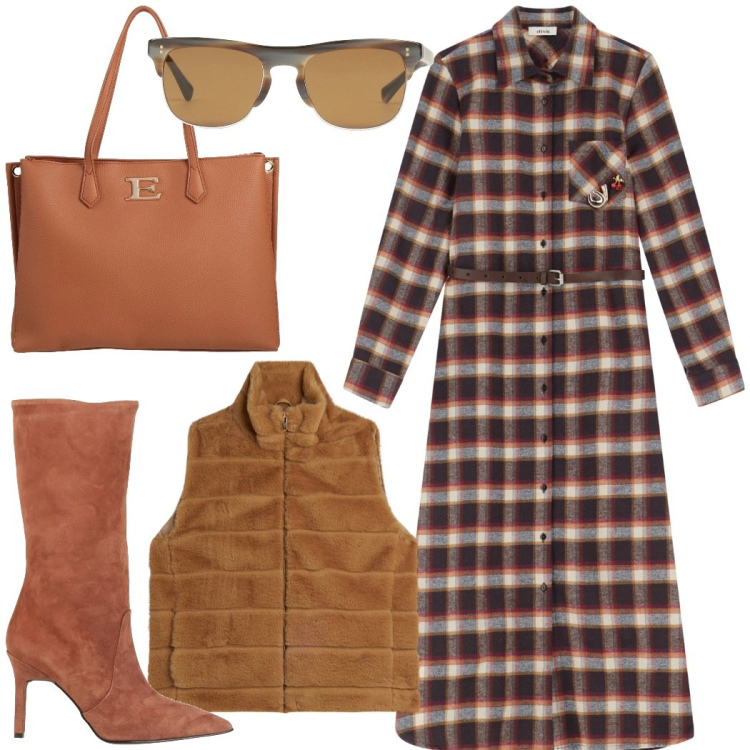 Outfit donna - Total look #2068936. Stile Casual chic per Tutti i giorni. Abbinamento con borse a mano, stivali, occhiali da sole, gilet, vestiti chemisier.
