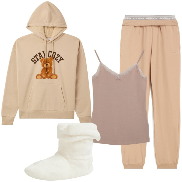 Outfit donna - Domenica relax. Stile Casual per Tutti i giorni. Abbinamento con magliette intime, felpe con cappuccio, pantofole, pantaloni.