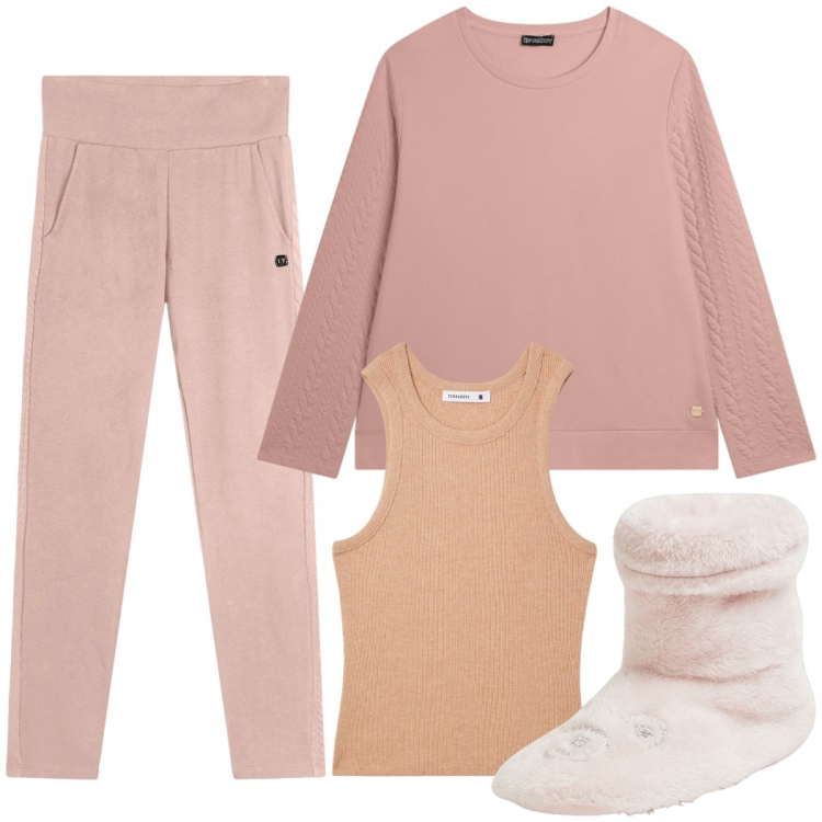 Outfit donna - Domenica pigra. Stile Casual per Tutti i giorni. Abbinamento con top sportivi, pantofole, felpe, pantaloni.