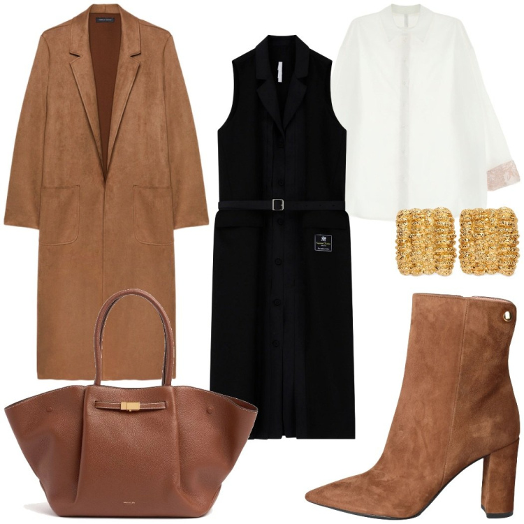 Outfit donna - In ufficio. Stile Casual chic per Ufficio. Abbinamento con stivaletti, vestiti chemisier, camicie, trench, orecchini, shopping bag.