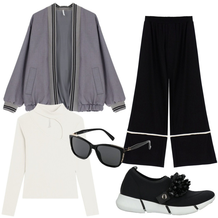 Outfit donna - Comoda con stile. Stile Urban per Tutti i giorni. Abbinamento con occhiali da sole, sneakers, pantaloni, bomber, maglieria.