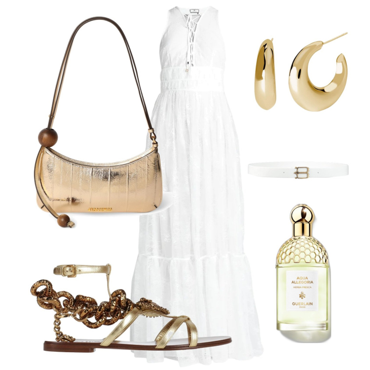 Outfit donna - Dettagli in oro. Stile Casual chic per Serata fuori. Abbinamento con sandali alla schiava, vestiti lunghi, cinture, profumi, orecchini, borse a spalla.