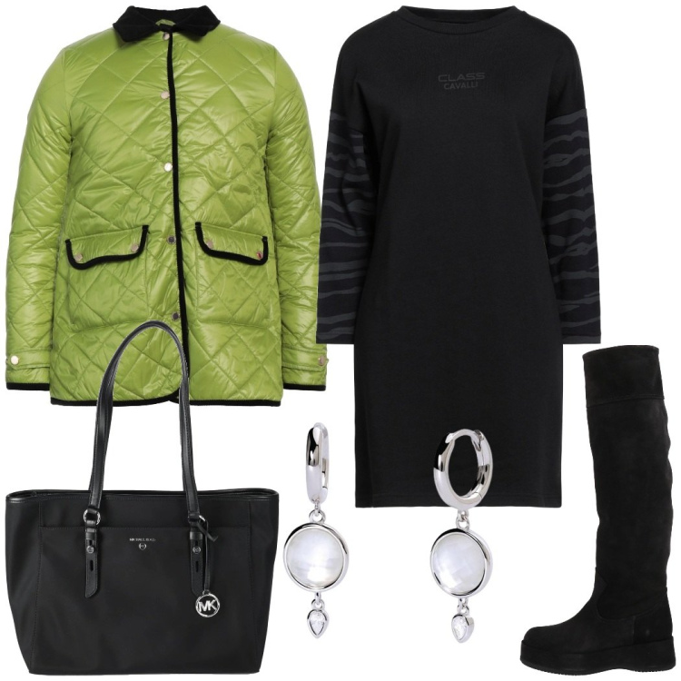 Outfit donna - Outfit ufficio. Stile Casual chic per Ufficio. Abbinamento con stivali, blazer, vestiti corti, borse a spalla, orecchini.