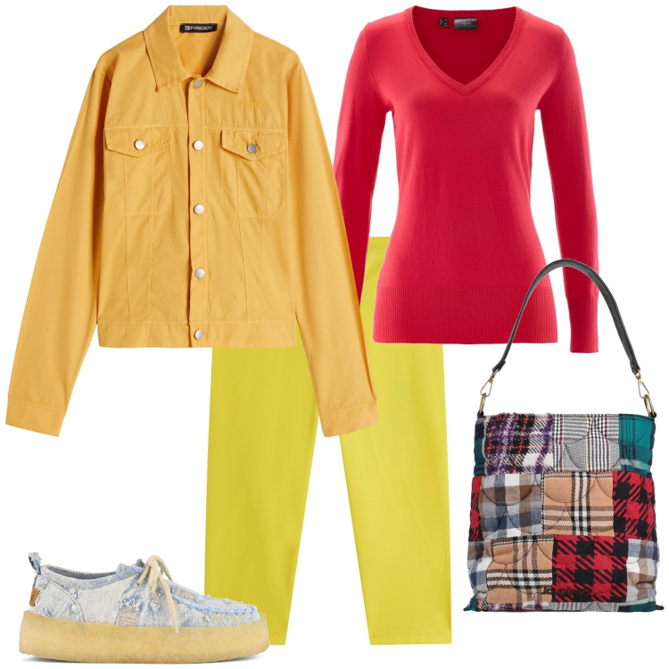 Outfit donna - Vivi a colori. Stile Trendy per Tutti i giorni. Abbinamento con maglieria, borse a mano, leggings, blazer, mocassini.