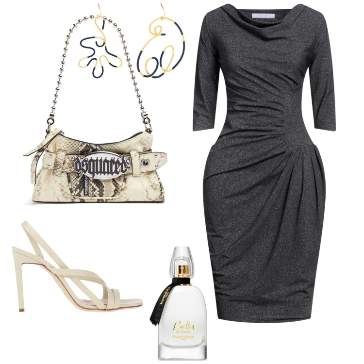 Outfit donna - Linee sinuose. Stile Chic per Serata fuori. Abbinamento con sandali in pelle, vestiti midi/longuette, orecchini, profumi, pochette.