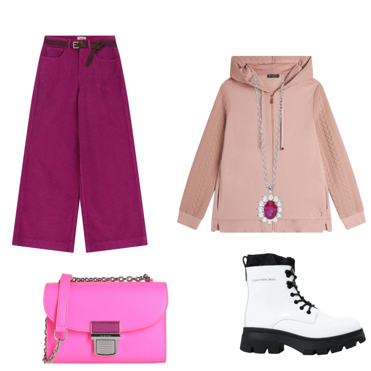 Outfit donna - I toni del rosa. Stile Trendy per Scuola/Università. Abbinamento con borse a tracolla, anfibi, collane, felpe con cappuccio, pantaloni.
