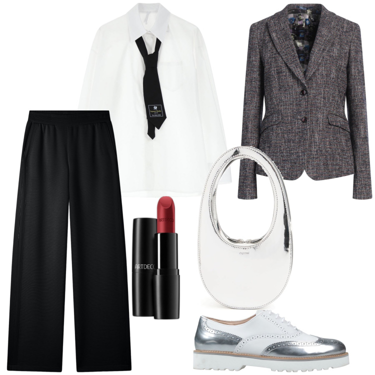 Outfit donna - Maschile ma col lipstick. Stile Mannish per Ufficio. Abbinamento con scarpe stringate, blazer, rossetti, camicie, pantaloni, borse a mano.
