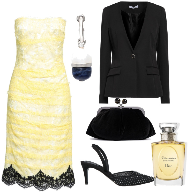Outfit donna - Elegantissima. Stile Bon Ton per Serata fuori. Abbinamento con blazer, vestiti midi/longuette, orecchini, décolleté, profumi, pochette.