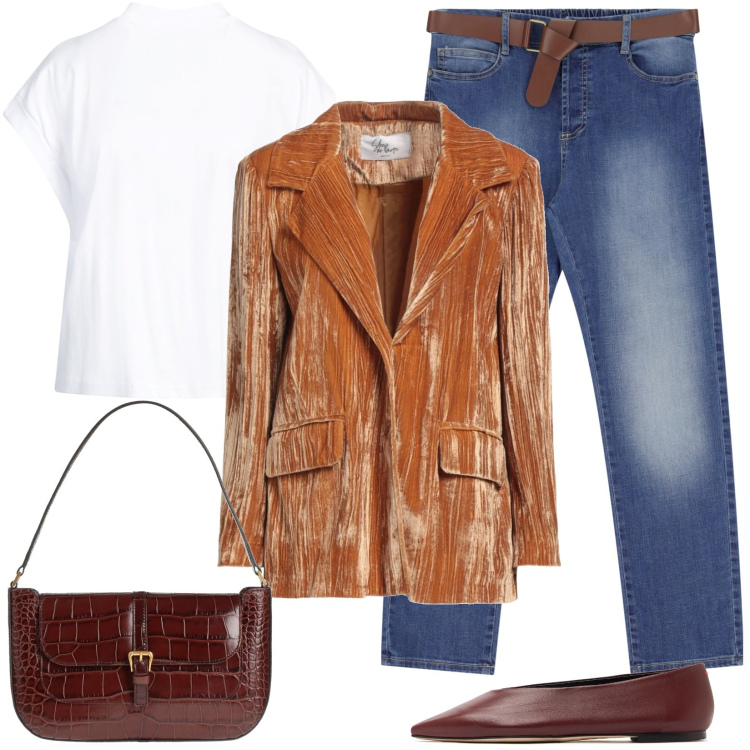 Outfit donna - Blazer cangiante. Stile Casual chic per Tutti i giorni. Abbinamento con blazer, borse a mano, t-shirt, jeans dritti, ballerine.