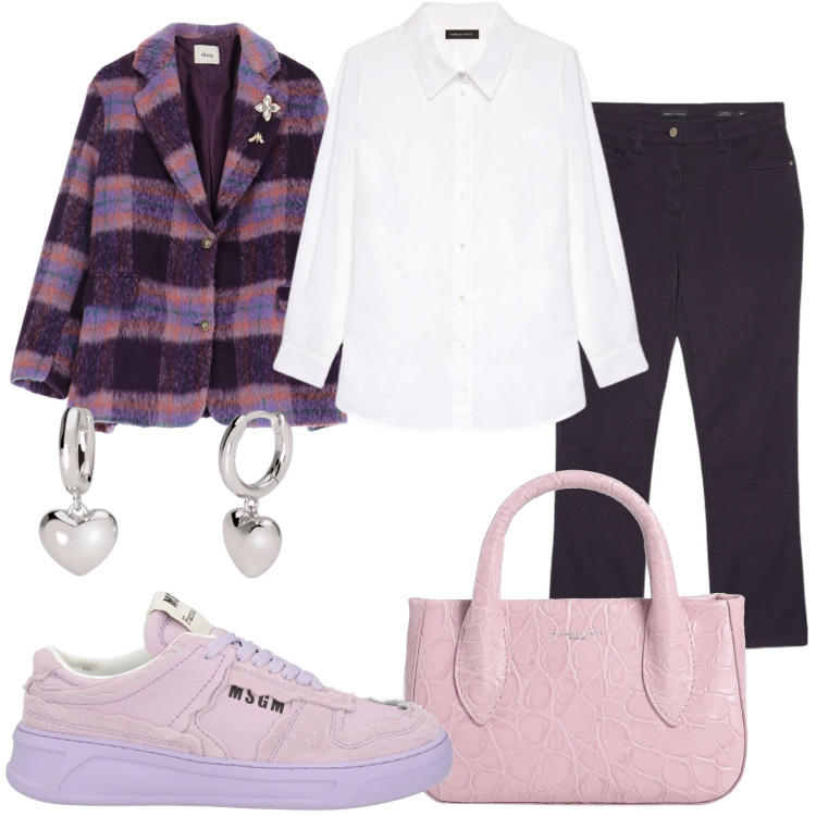 Outfit donna - Prossima stagione. Stile Trendy per Tutti i giorni. Abbinamento con borse a mano, sneakers, orecchini, blazer, camicie, pantaloni.