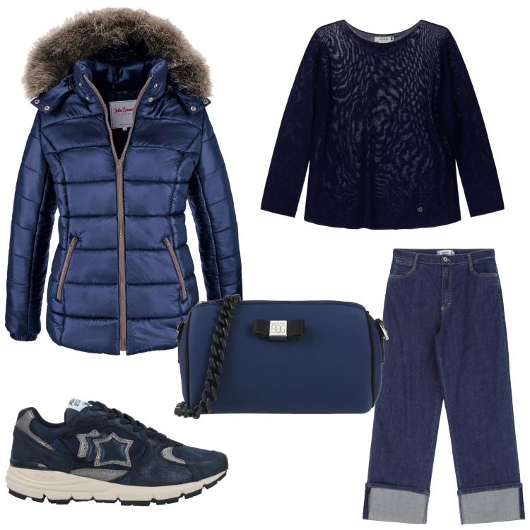 Outfit donna - Blu everyday. Stile Basic per Tutti i giorni. Abbinamento con piumini, sneakers, borse a tracolla, jeans, pullovers.