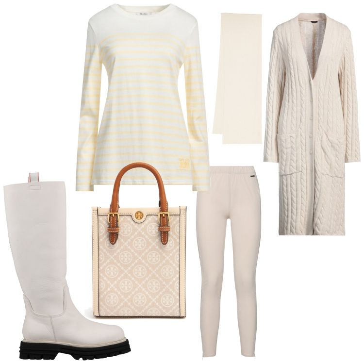 Outfit donna - Chiaramente. Stile Casual chic per Serata fuori. Abbinamento con stivali, cardigans, t-shirt, shopping bag, sciarpe, leggings.