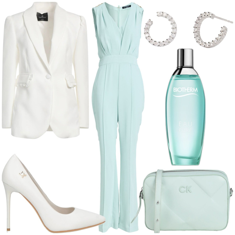 Outfit donna - Bianco e Tiffany. Stile Chic per Cerimonia. Abbinamento con tute, blazer, décolleté, borse a tracolla, profumi, orecchini.