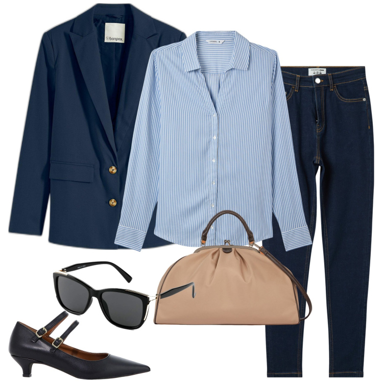 Outfit donna - City. Stile Urban per Tutti i giorni. Abbinamento con occhiali da sole, blazer, camicie, jeans skinny, décolleté, borse a spalla.