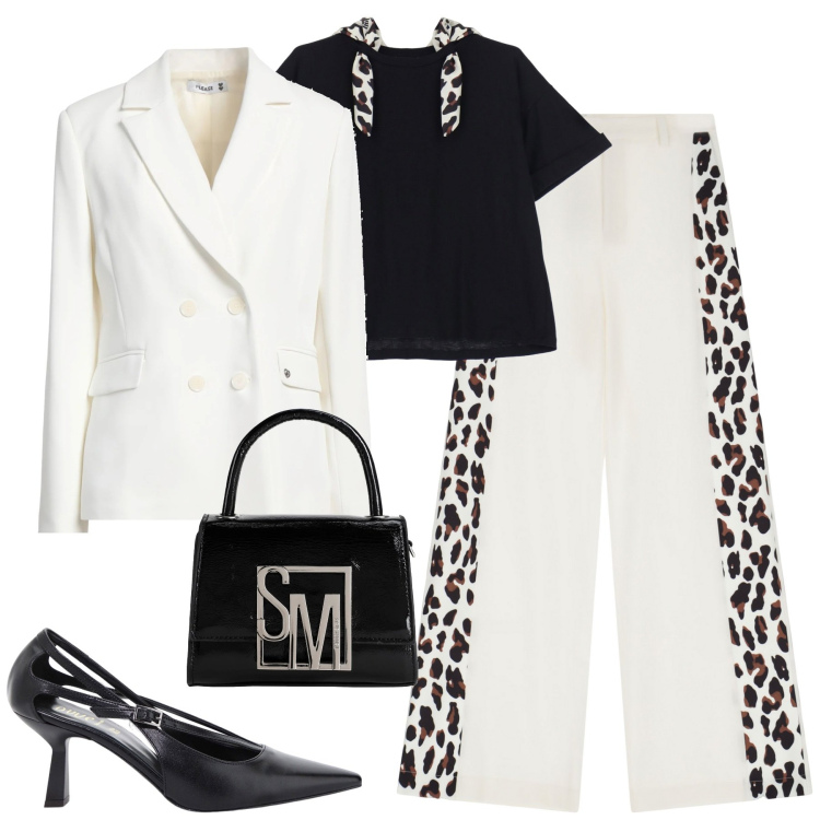 Outfit donna - City. Stile Trendy per Tutti i giorni. Abbinamento con blazer, borse a mano, pantaloni a palazzo, t-shirt, décolleté.