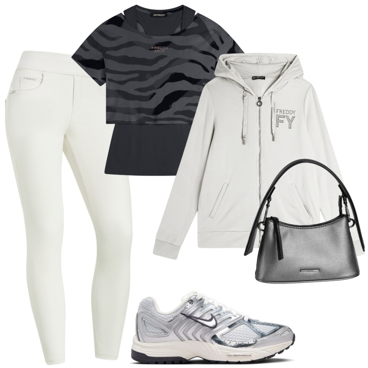 Outfit donna - Freddy. Stile Casual per Tutti i giorni. Abbinamento con borse a mano, felpe con cappuccio, t-shirt, jeggings, sneakers.