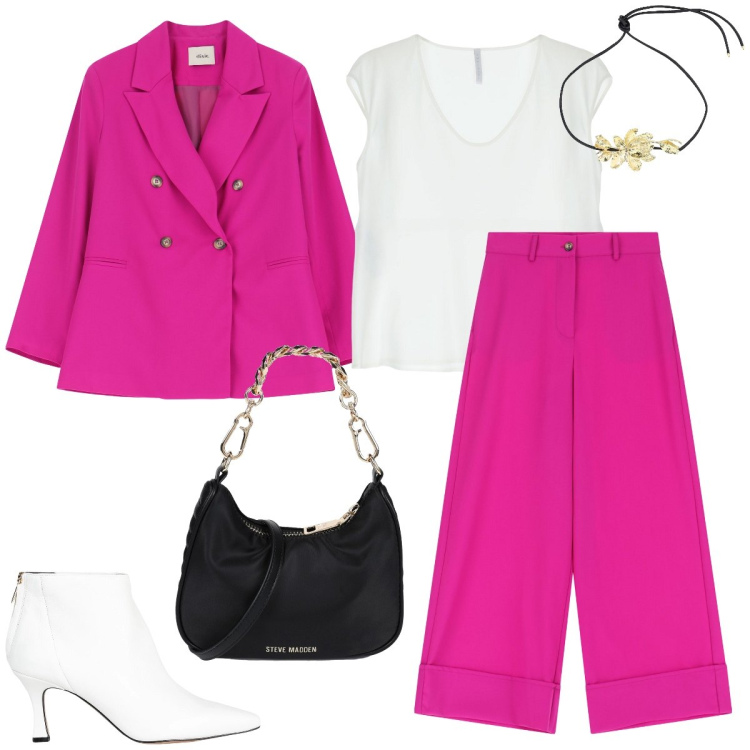 Outfit donna - Quasi quasi primavera. Stile Bon Ton per Tutti i giorni. Abbinamento con stivaletti, borse a mano, top, blazer, pantaloni a palazzo, collane.
