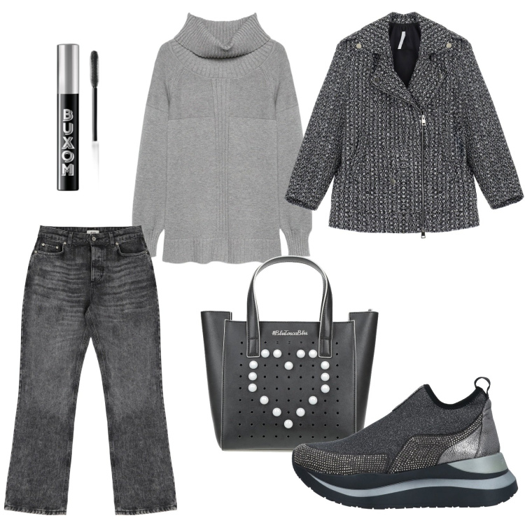 Outfit donna - Total look #2069114. Stile Trendy per Scuola/Università. Abbinamento con sneakers, borse a mano, mascara, blazer, jeans, maglieria.