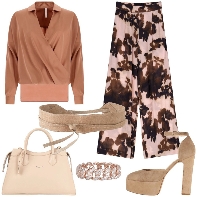 Outfit donna - Invito elegante. Stile Chic per Serata fuori. Abbinamento con cinture, décolleté, borse a mano, anelli, bluse, pantaloni a palazzo.