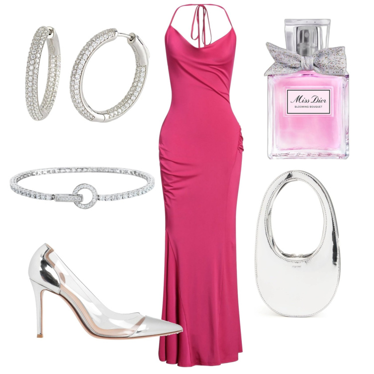 Outfit donna - Miss Dior. Stile Chic per Cerimonia. Abbinamento con vestiti lunghi, décolleté, profumi, orecchini, braccialetti, borse a mano.