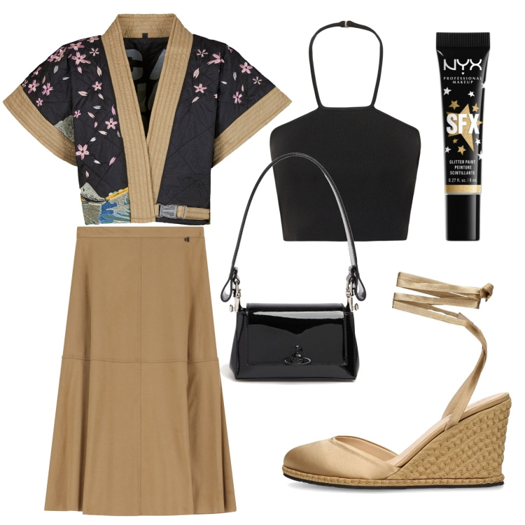 Outfit donna - Total look #2069124. Stile Trendy per Serata fuori. Abbinamento con ombretti, gonne longuette, kimono, zeppe, top, borse a spalla.