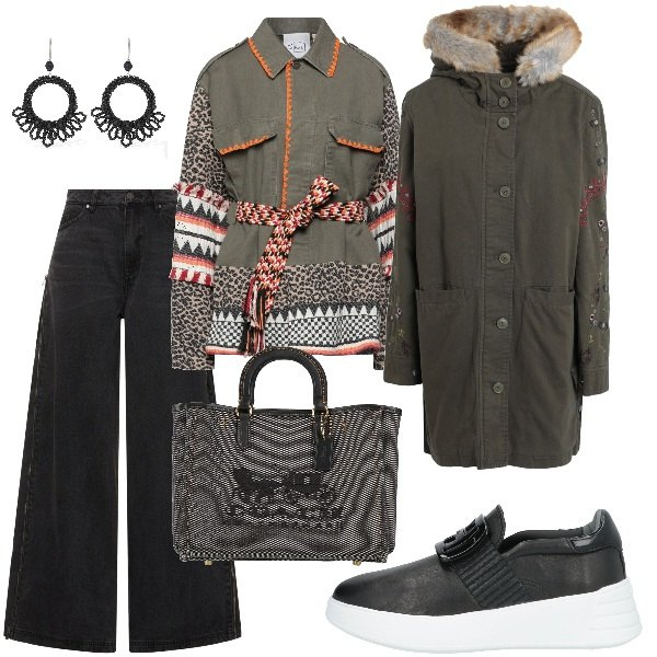 Outfit donna - Dettagli che fanno la differenza. Stile Trendy per Tutti i giorni. Abbinamento con camicie, sneakers, parka, borse a mano, orecchini, pantaloni.