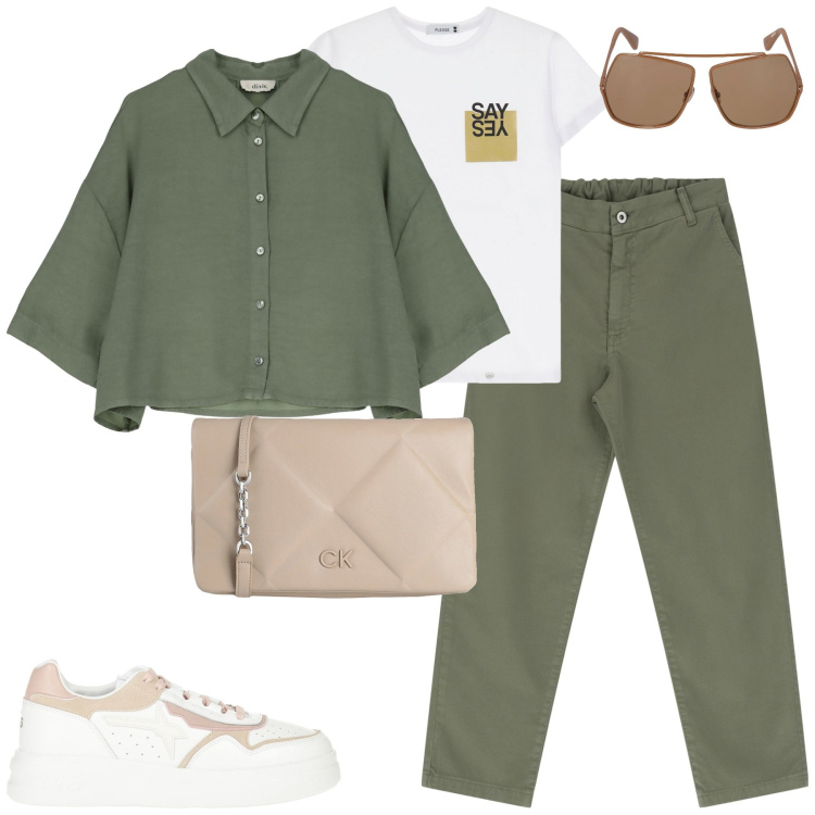 Outfit donna - City. Stile Casual per Tutti i giorni. Abbinamento con sneakers, borse a mano, t-shirt, pantaloni, camicie, occhiali da sole.