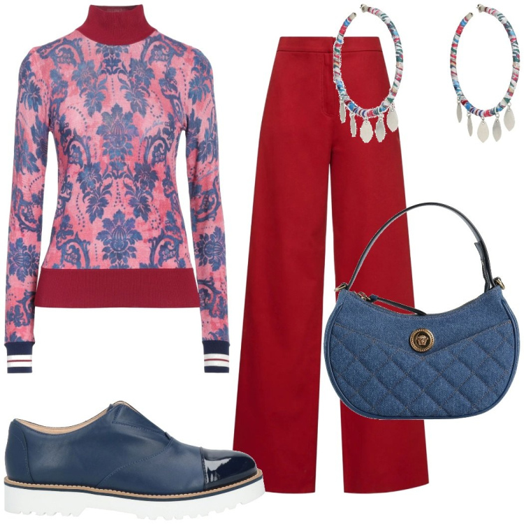 Outfit donna - Blu e rosso. Stile Trendy per Tutti i giorni. Abbinamento con mocassini, maglieria, orecchini, borse a mano, pantaloni.
