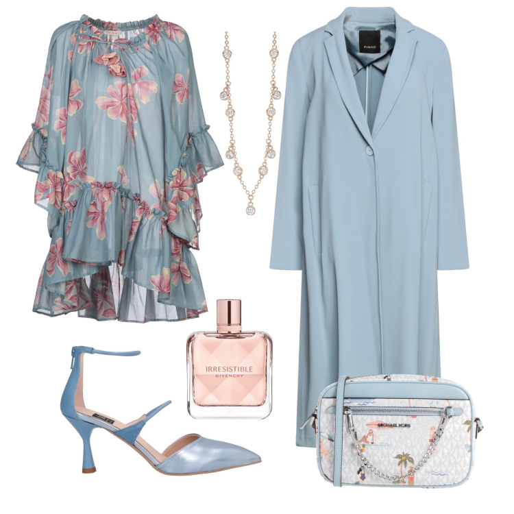 Outfit donna - Evento di fine inverno. Stile Chic per Cerimonia. Abbinamento con vestiti corti, décolleté, trench, borse a tracolla, profumi, collane.