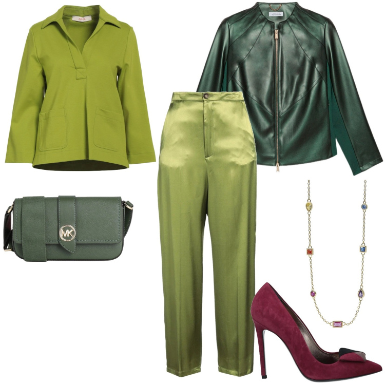 Outfit donna - Total look #2069150. Stile Chic per Serata fuori. Abbinamento con top, pantaloni, décolleté, borse a tracolla, collane, blazer.