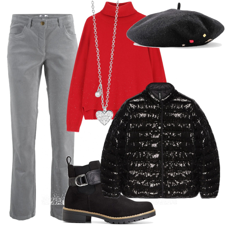 Outfit donna - Rosso e nero. Stile Casual per Scuola/Università. Abbinamento con pantaloni, stivaletti, cappelli e berretti, collane, maglieria, piumini.