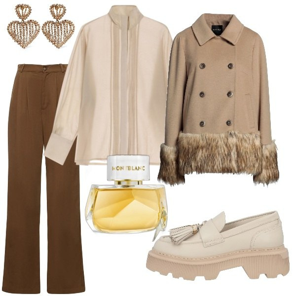 Outfit donna - Dettagli che fanno la differenza. Stile Glamour per Serata fuori. Abbinamento con cappotti, mocassini, profumi, camicie, pantaloni, orecchini.