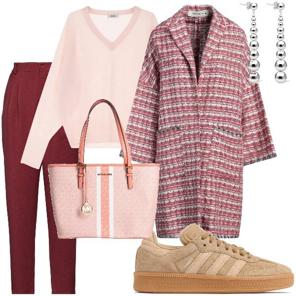 Outfit donna - Dettagli che fanno la differenza. Stile Trendy per Tutti i giorni. Abbinamento con cappotti, pantaloni, borse a mano, pullovers, sneakers, orecchini.